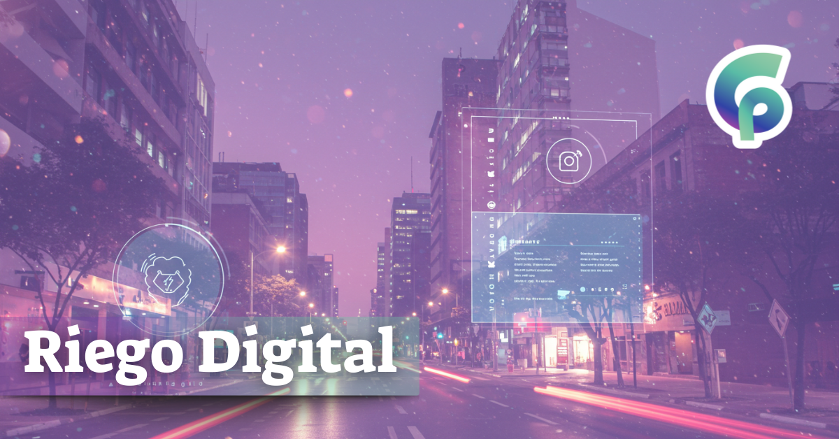 Calle de la ciudad de México, por la noche, con elementos holográficos representativos de Redes Sociales, logo de El Grifo MX y el titulo "Riego Digital"